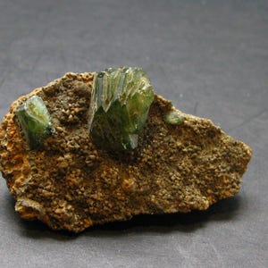 May include: A close-up of a mineral specimen featuring a rough, brown matrix with a textured surface. Embedded within the matrix are several translucent, green crystals. The crystals have a prismatic shape and a glassy luster, creating a striking contrast.