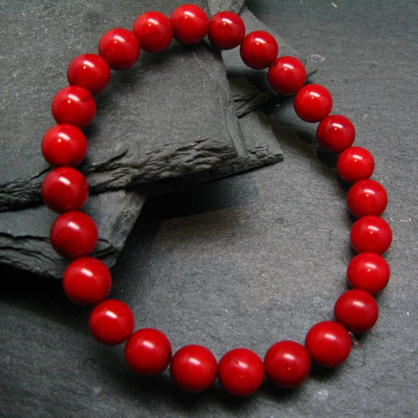 Red Coral Genuine Bracelet ~ 7 Inches  ~ 8mm Round Beads
