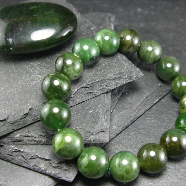 Jade Nephrite Genuine Bracelet ~ 7 Inches  ~ 12mm Round Beads