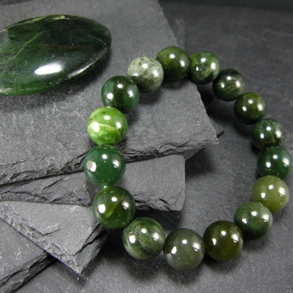 Jade Nephrite Genuine Bracelet ~ 7 Inches  ~ 12mm Round Beads