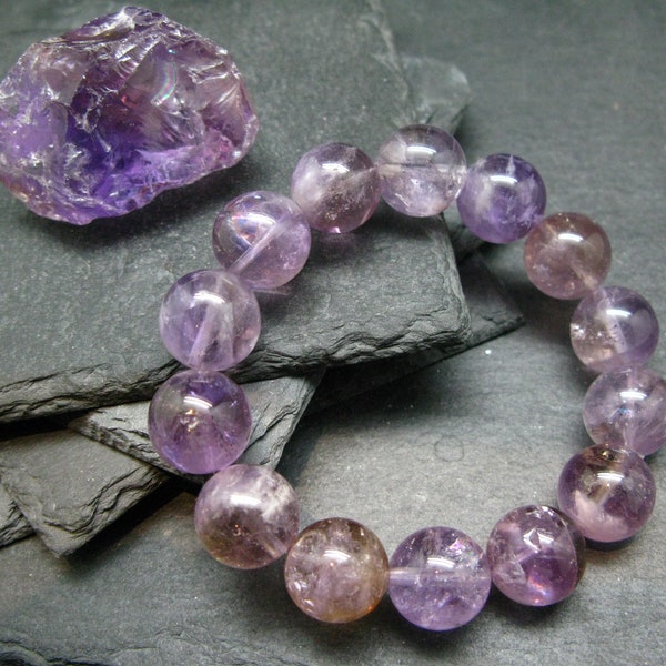 Bracelet authentique Ametrine ~ 7 pouces ~ Perles rondes de 14mm