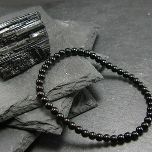 Black Tourmaline Genuine Bracelet ~ 7 Inches  ~ 4mm Round Beads