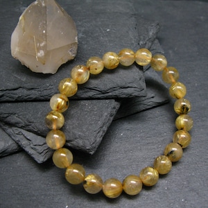 Rutilated Quartz (Rutile & Hematite) Genuine Bracelet ~ 7 Inches  ~ 8mm Round Beads
