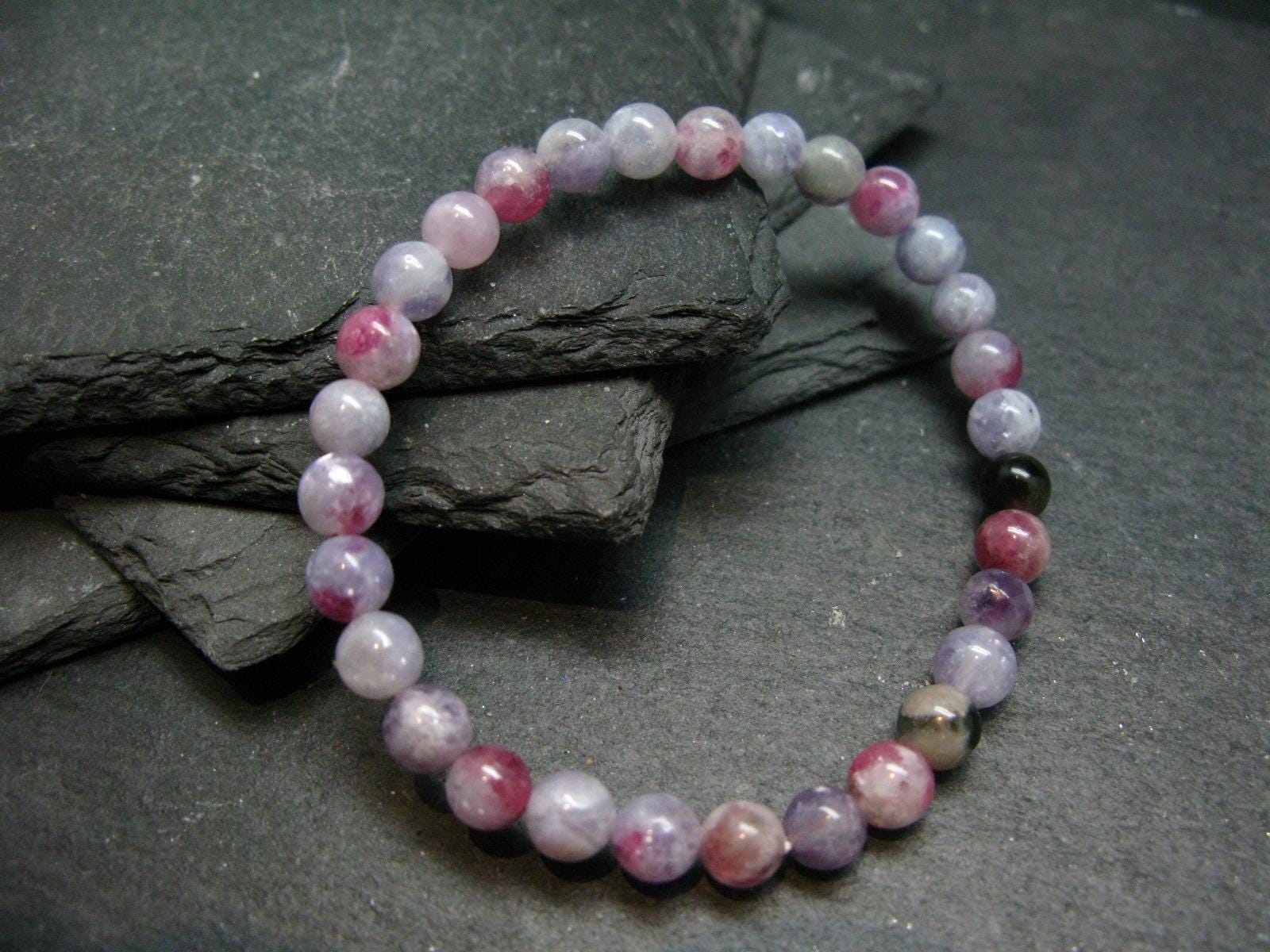 Unicorn Stone Lepidolite & Tourmaline Genuine Bracelet ~ 7 Inches  ~ 6mm Round Beads