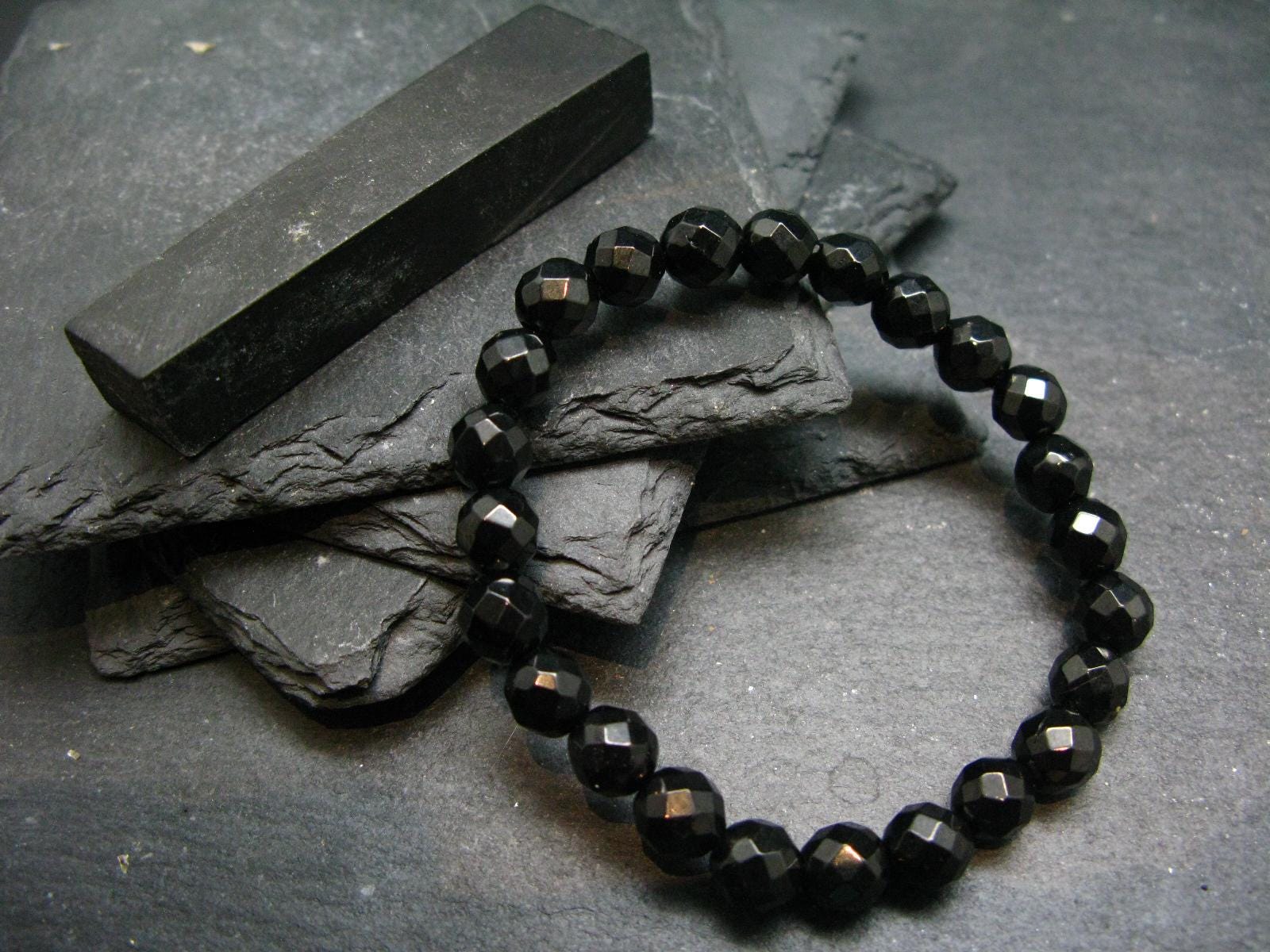 Whitby Jet Genuine Bracelet From UK ~ 7 Inches  ~ 8mm Facetted Beads