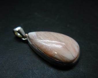 Può includere: Un ciondolo a forma di goccia con una pietra marrone chiaro lucida, incastonata in una montatura in metallo color argento. La pietra presenta striature bianche e marroni. Ha una cauzione d'argento per una catena.