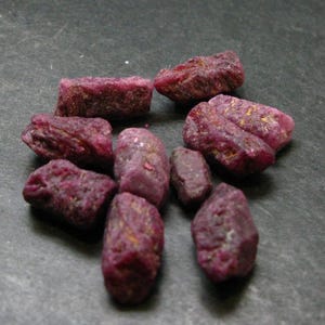 May include: A collection of nine raw, unpolished ruby gemstones with a deep magenta and crimson hue. Each stone features a rough, irregular, and textured surface with natural crystalline formations and opaque, earthy characteristics throughout.