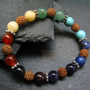 7 Chakra & Rudraksha Genuine Bracelet ~ 7 Inches  ~ 8mm Round Beads