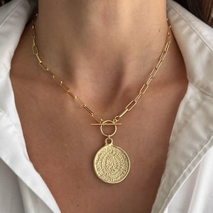 Gold Toggle Clasp Greek Medallion Pendant Necklace, Paperclip Gold Chain, Minimalist Boho Jewelry