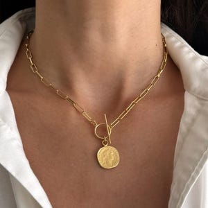 18K Gold Plated Paperclip Chain Necklace, Toggle Clasp Coin Medallion Pendant