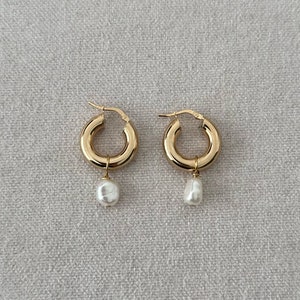 Pearl Huggie Hoops, Pearl Earrings, Pearl Hoops, , Pearl Jewelry, Bridesmaids Jewelry, Gold Plated Earrings image 1
