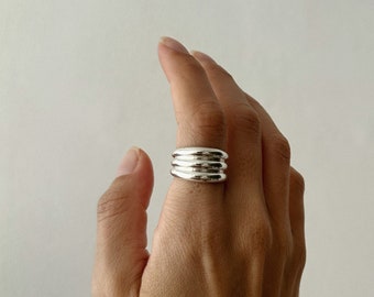 Sterling Silver Triple Ring, Wide Triple Band Ring, Statement Ring, Silver Stacking Ring