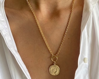 18K Gold Rolo Chain Necklace with Coin Pendant, Front Clasp T-Bar Charm Holder
