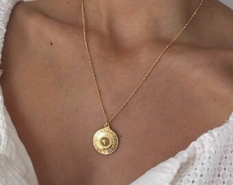 Delicate Disk 14k Gold Necklace, Dainty Ethnic Coin Pendant