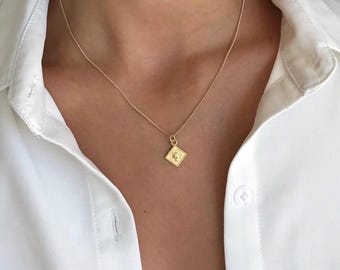 18K Gold Plated Brass Rhombus Pendant Necklace, Dainty Curb Chain, Layering Jewelry
