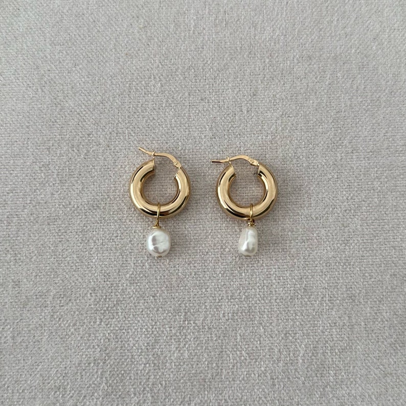 Pearl Huggie Hoops, Pearl Earrings, Pearl Hoops, , Pearl Jewelry, Bridesmaids Jewelry, Gold Plated Earrings image 1