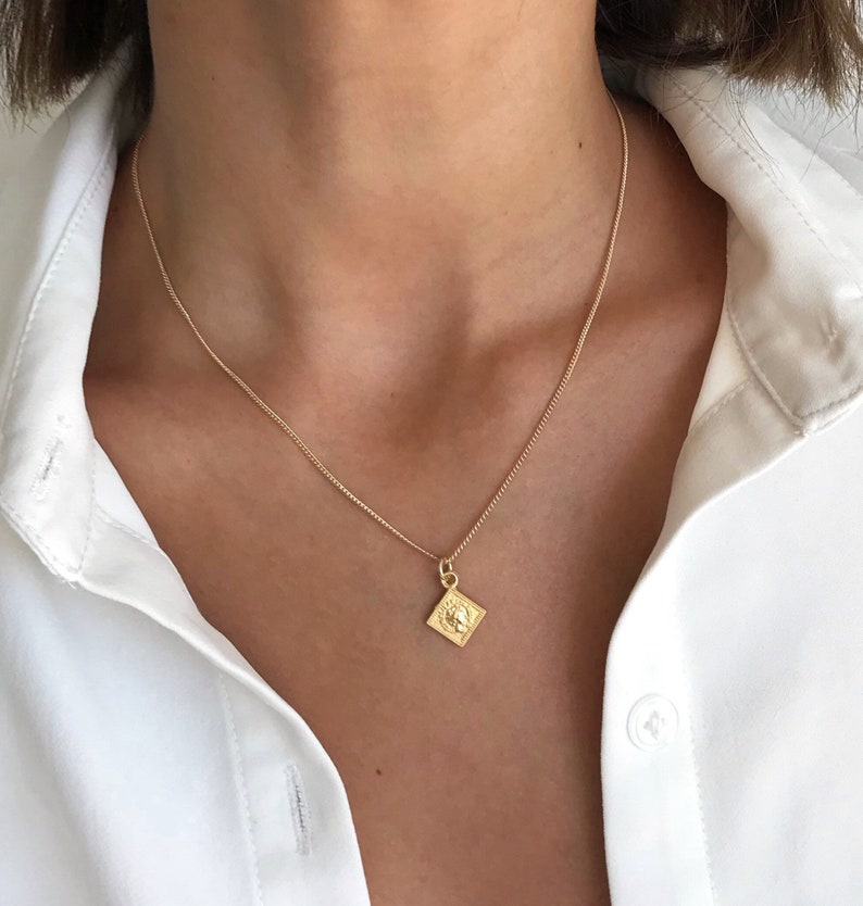 14k gold plated pendant necklace , square pendant, gold small square necklace image 1