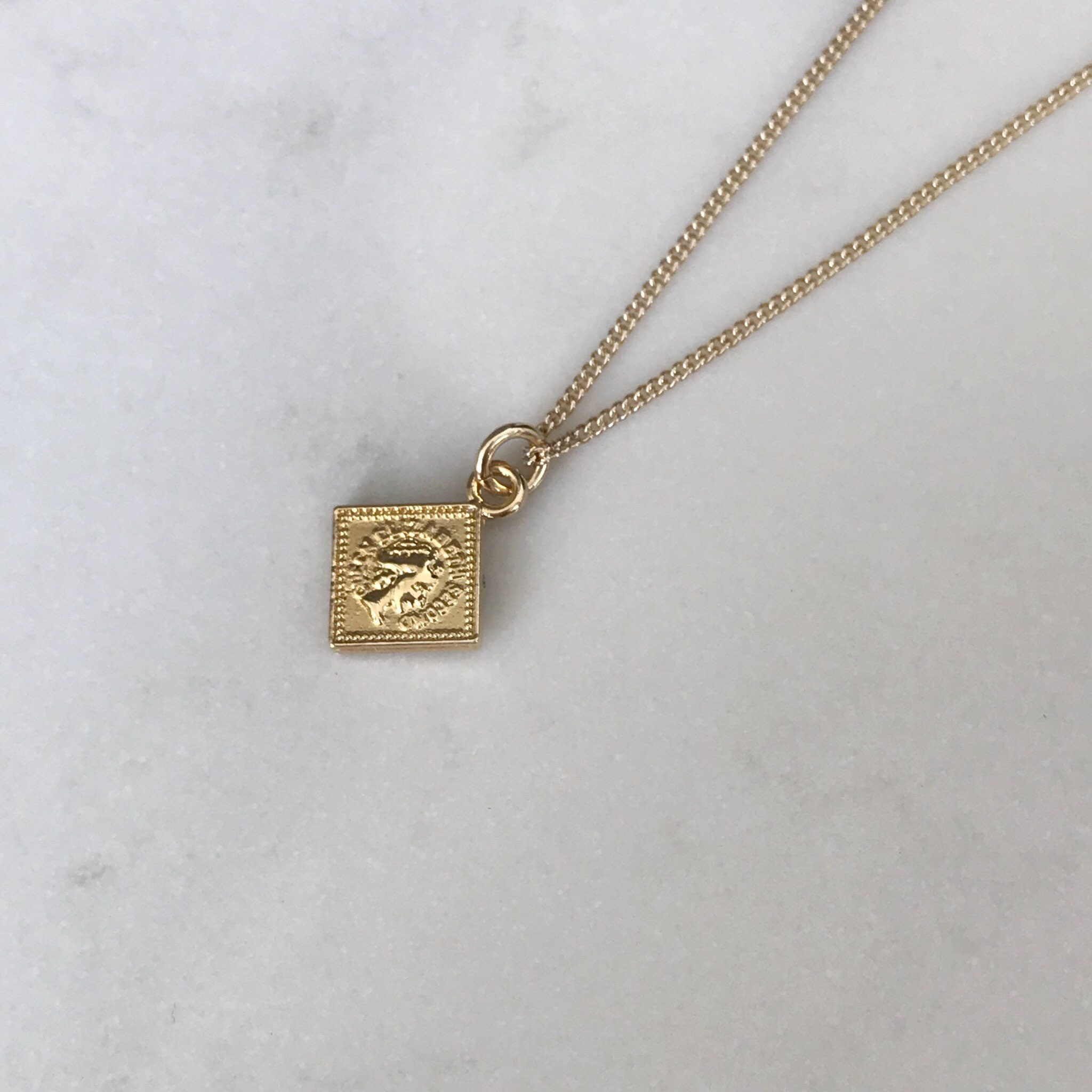 14k Gold Pendant Necklace Square Pendant Coin Necklace Etsy