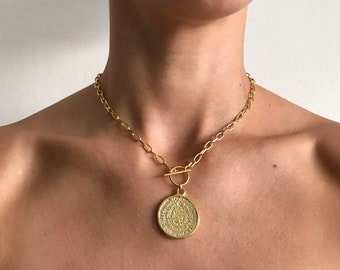 Gold medallion choker, Medallion necklace, ancient coin choker , greek coin, coin charm, 14k gold disk necklace, antique medallion necklace