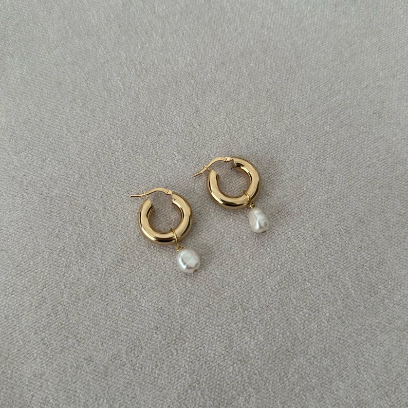 Pearl Huggie Hoops, Pearl Earrings, Pearl Hoops, , Pearl Jewelry, Bridesmaids Jewelry, Gold Plated Earrings image 2