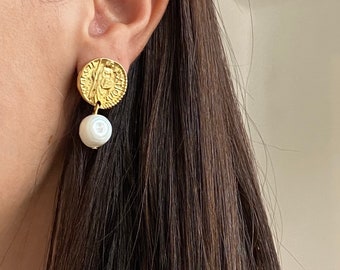 Pearl stud gold earrings, gold plated earrings, freshwater pearl earrings