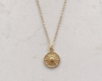 14k gold necklace, Charm Sun Medallion Necklace, Gold Coin Necklace, 14k Gold Pendant Necklace, Coin Necklace, Christmas Gift