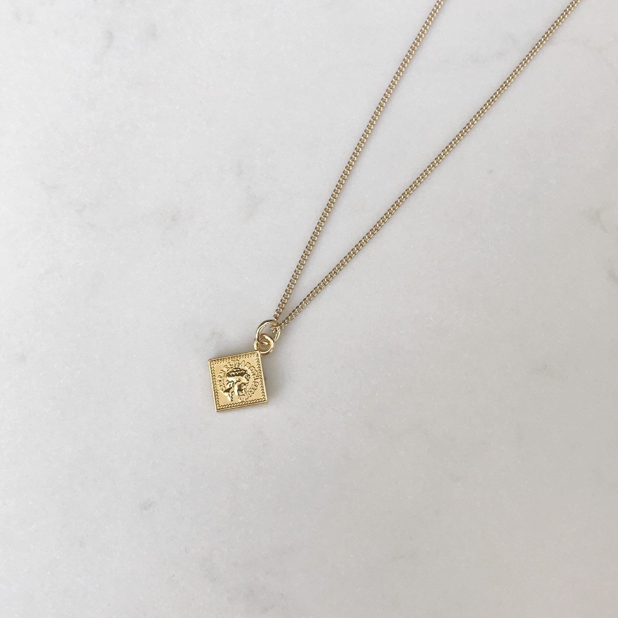 14k Gold Pendant Necklace Square Coin 50