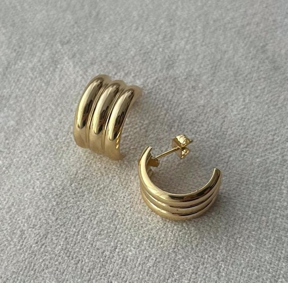 Gold Triple Hoop Earrings, Statement Chunky Hoop Earrings