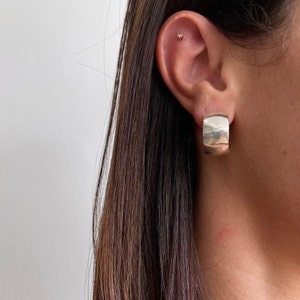 Wide statement 925 sterling silver hoop earrings, Silver flat hoops, Handmade chunky Hoop Post Earrings , Domed Wide band hoops