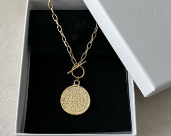 Gold pendant necklace, Gold Medallion Necklace, Coin Pendant Necklace , Greek Calendar Pendant , Gift for her, Link chain Pendant necklace