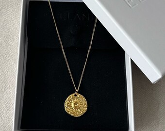 Gold Medallion Necklace, Sun coin pendant necklace, Dainty disk necklace, Space necklace