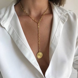 14k gold Y necklace , gold drop necklace, Lariat gold necklace, delicate Y necklace, gold coin y necklace, medallion pendant y necklace