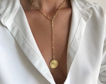 14k gold Y necklace , gold drop necklace, Lariat gold necklace, delicate Y necklace, gold coin y necklace, medallion pendant y necklace