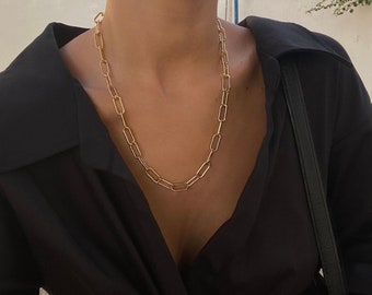 Women's 14k Gold Plated Dainty Paperclip Link Chain Necklace Three Ways To Style, Gold Y necklace