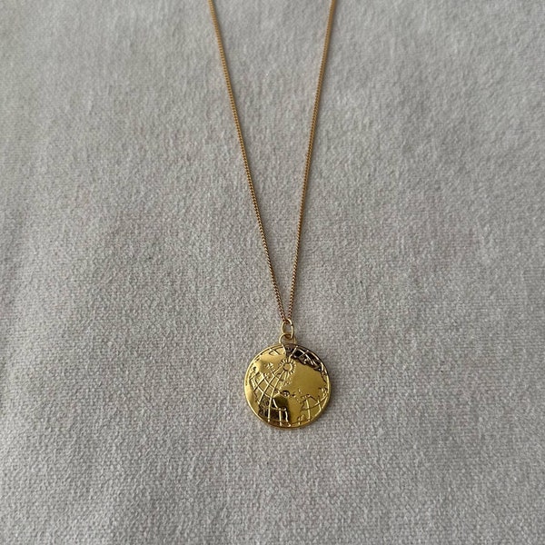 Circle globes disk necklace, World map coin necklace, Gold pendant chain necklace