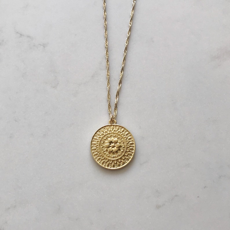 Delicate disk 14k gold necklace dainty gold coin pendant Etsy
