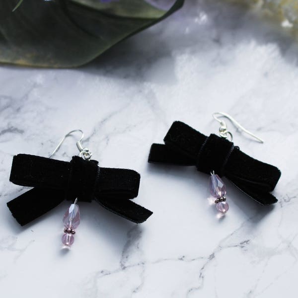 Cute Velvet Bow Earrings / Velvet Accessory / Dangle Earrings / Statement Earrings / Gift for Her / Kawaii Accessory