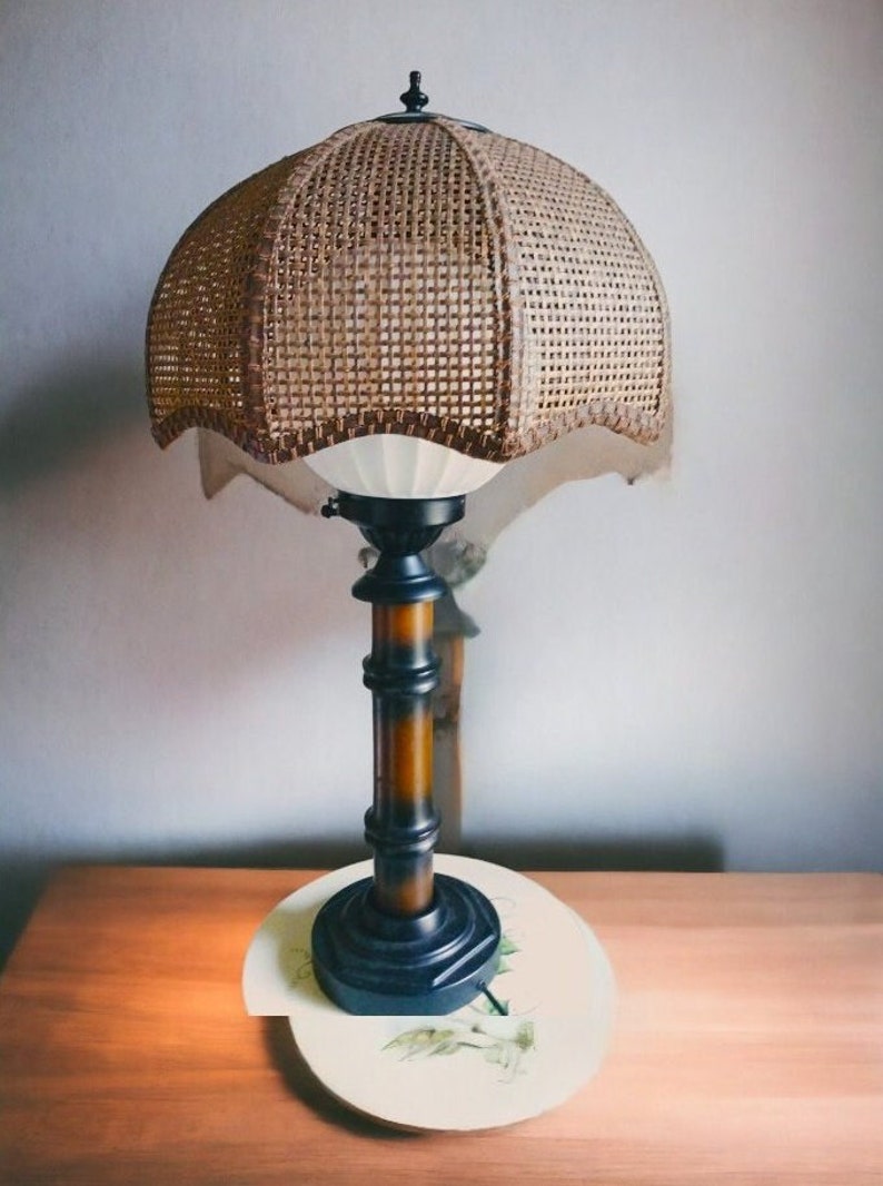 VINTAGE Faux Bamboo Lamp Mid Century Modern Lamp Coastal Chic Lamp Tropical Themed Table Lamp Asian Inspired Umbrella Light Fixture image 1