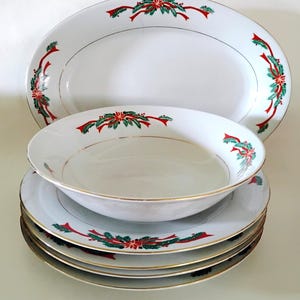 VINTAGE Christmas China - Poinsettia and Ribbons Pattern - Dinner Plates, Serving Bowl, and Platter - Holiday Tableware (Sold Separately)