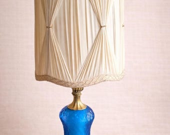 Large Blue Glass Table Lamp, Mid Century Pleated Shade Lamp, Hollywood Regency Home Lighting Decor