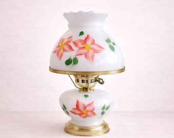 Vintage Hand Painted Milk Glass Hurricane Lamp Floral Design Brass Base Table Lighting