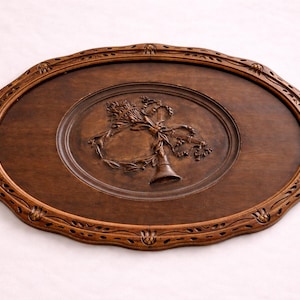 Antique Carved Wood Table With Glass Tray Top Floral Bell Motif