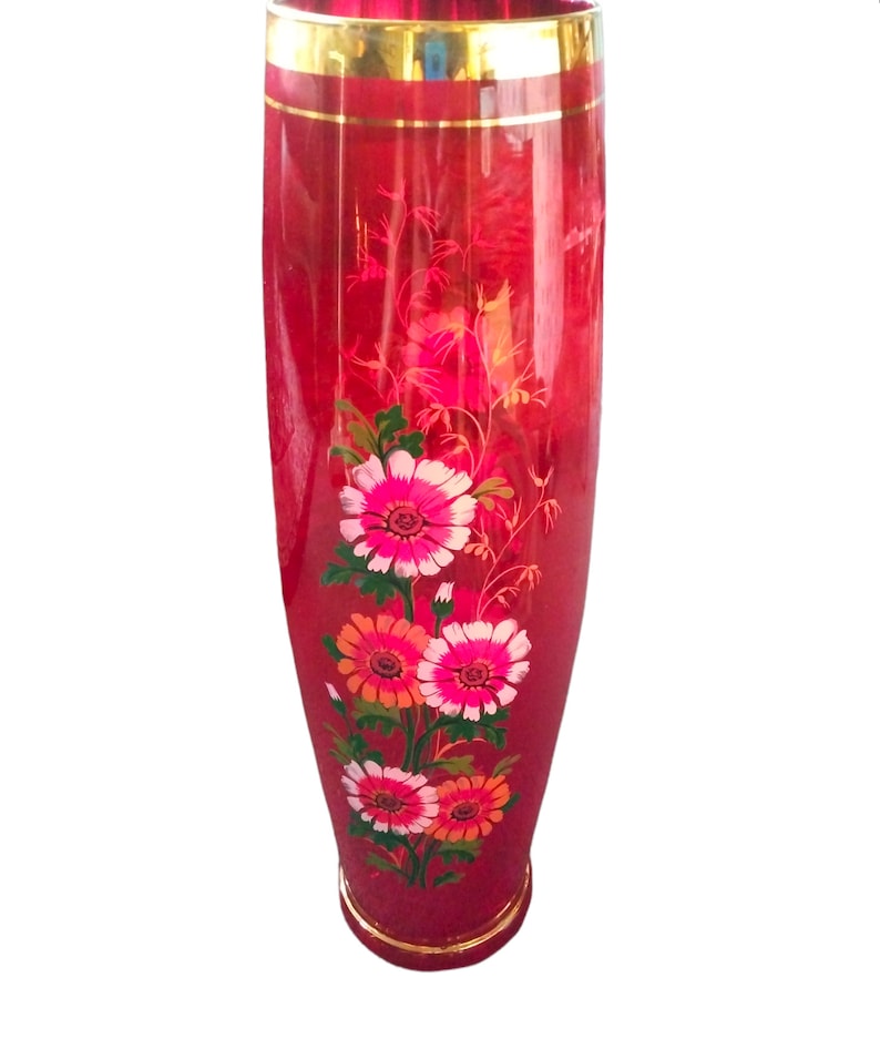 VINTAGE Enameled Glass Vase MCM Ruby Red Bohemian Gilt Vase, Home Decor image 1