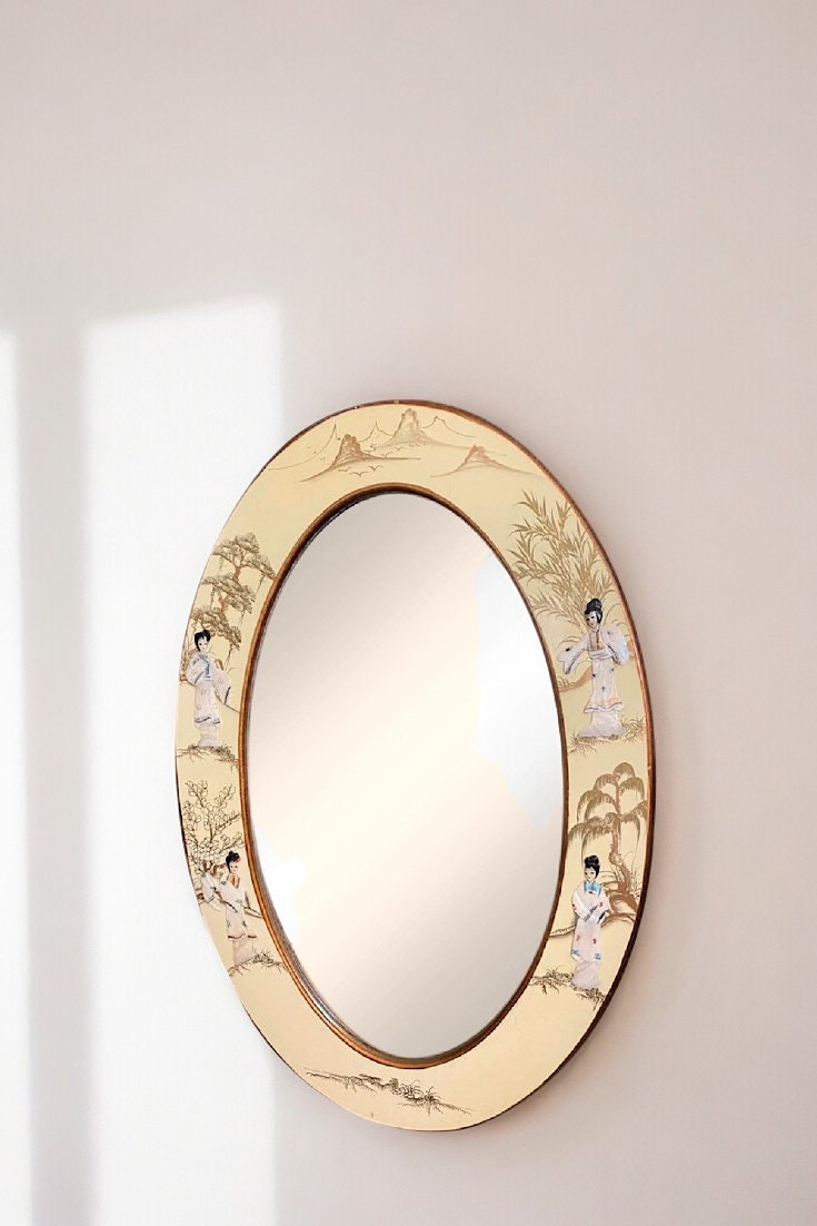Traditional Geisha Mirror VINTAGE Mirror With Geisha Figures and Pearl Inlay Handcrafted Oriental ...