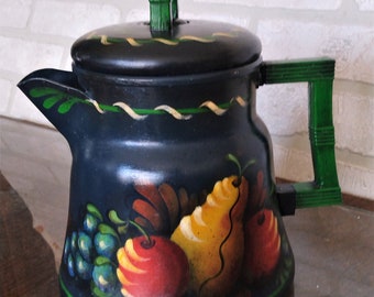 VINTAGE Coffee Pot  Hand Painted Folk Art, Kitchenware, Home Decor
