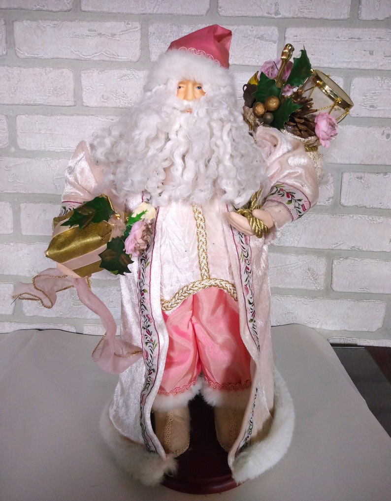 VINTAGE Pink Shabby Chic Christmas Mantel Ornament// Hand Detailed Victorian Pink and Gold Santa// Father Christmas image 1