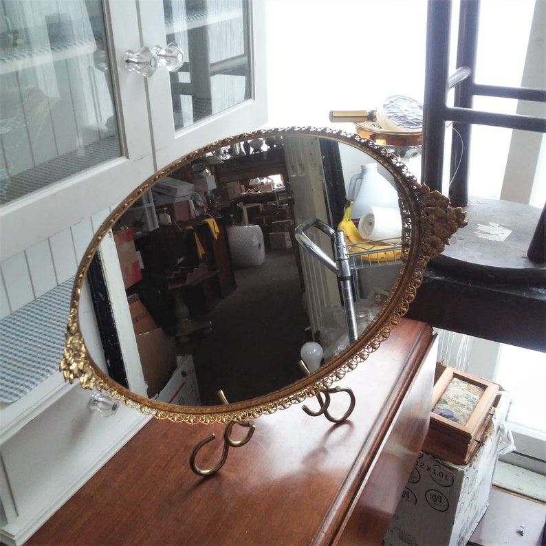 Vintage Brass Mirror Tray Hollywood Regency Style Glass And Image 0