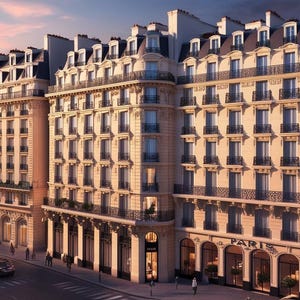 Puede incluir: Una representaci&oacute;n arquitect&oacute;nica de una escena callejera parisina al anochecer. Varios edificios de varios pisos con fachadas y balcones ornamentados bordean la calle. El edificio de la derecha tiene la palabra "PARIS" encima del escaparate.