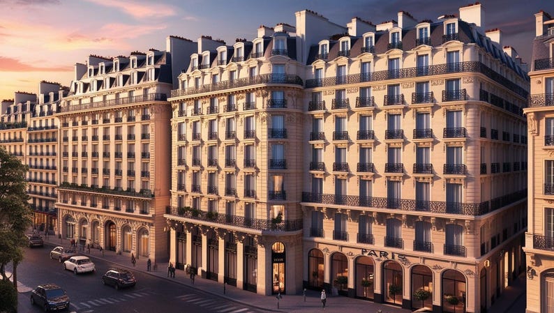 Puede incluir: Una representaci&oacute;n arquitect&oacute;nica de una escena callejera parisina al anochecer. Varios edificios de varios pisos con fachadas y balcones ornamentados bordean la calle. El edificio de la derecha tiene la palabra "PARIS" encima del escaparate.