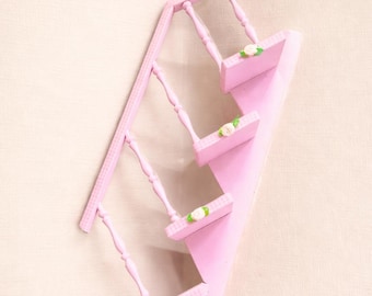 Cottage Core Pink Wall Shelf, Upcycled Stair Step Display Rack, Shabby Chic Mini Shelf, Pastel Decorative Storage Décor